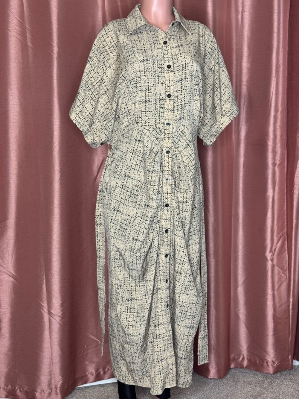 Button-Front Cream and Black Patterned Dress